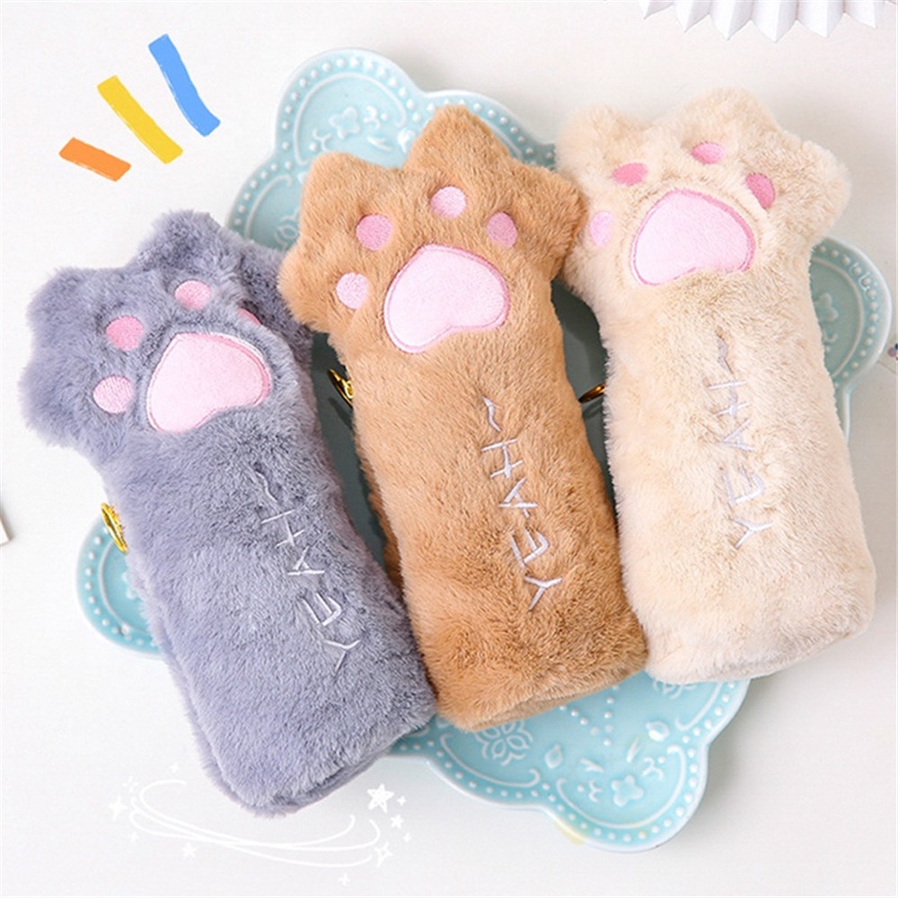 Túi Đựng Bút/ Mỹ Phẩm Hình Chân Mèo Phủ Lông Dễ Thương Sức Chứa Lớn Tiện Dụng Cho Trường Học/ Văn Phòng