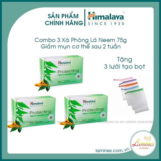 Combo 3 Xà Phòng Giảm Mụn Cơ Thể Từ Lá Neem Himalaya Neem Turmeric Soap 75g - Tặng Lưới Tạo Bọt