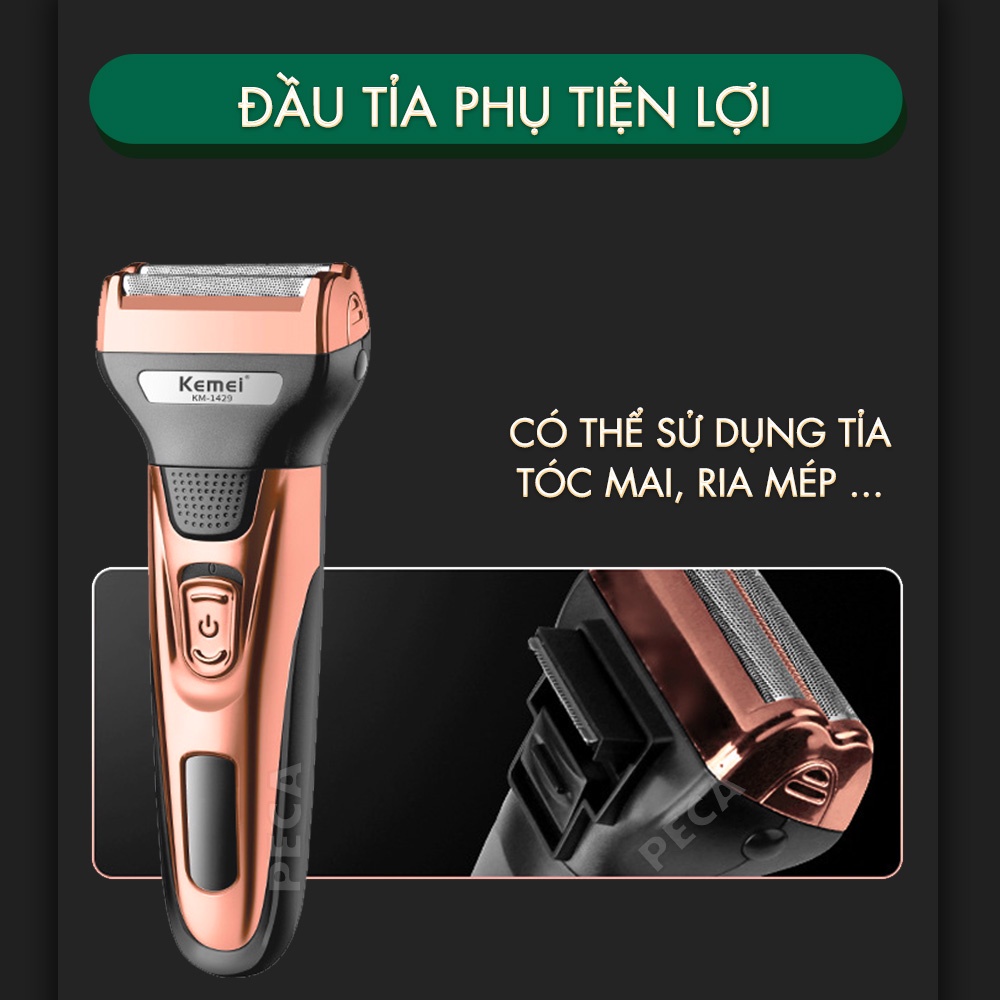 Máy cạo râu đa năng 3in1 Kemei KM-1429 nhiều đầu thay thế cạo râu cắt tóc tỉa lông mũi cạo khô và ướt - Hàng chính hãng