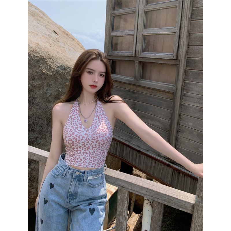 Áo croptop phối dây choàng cổ họa tiết da báo quyến rũ cho nữ