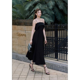 ĐẦM MIDI ĐEN 2 DÂY XẾP LI XOÈ CÚP NGỰC