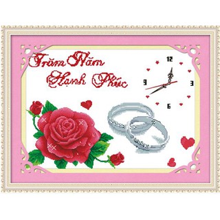 ĐH thêu chữ thập Trăm năm hạnh phúc - hoa hồng đỏ, nhẫn cưới < 222786 > chưa thêu