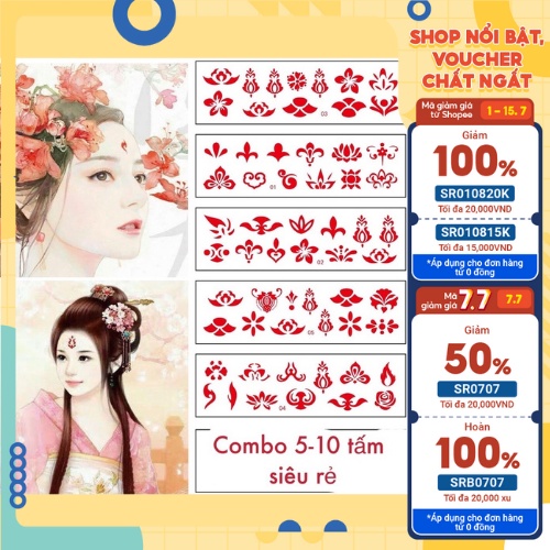 Combo 5 tấm hình xăm dán chu sa dán trán cổ trang Trung Quốc size 12 hình/ tấm