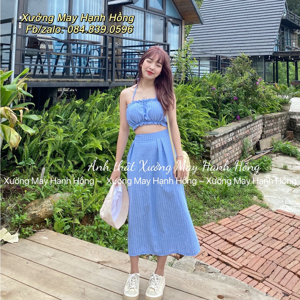 Set áo croptop quây 2 dây kèm chân váy midi kẻ xanh đi biển, đi du lịch