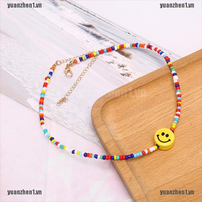 Dây chuyền choker chuỗi hạt nhiều màu mặt cười dễ thương phong cách Bohemian