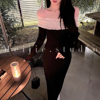 Váy len ôm sát body trễ vai dáng dài. Đầm len body đi tiệc sang chảnh