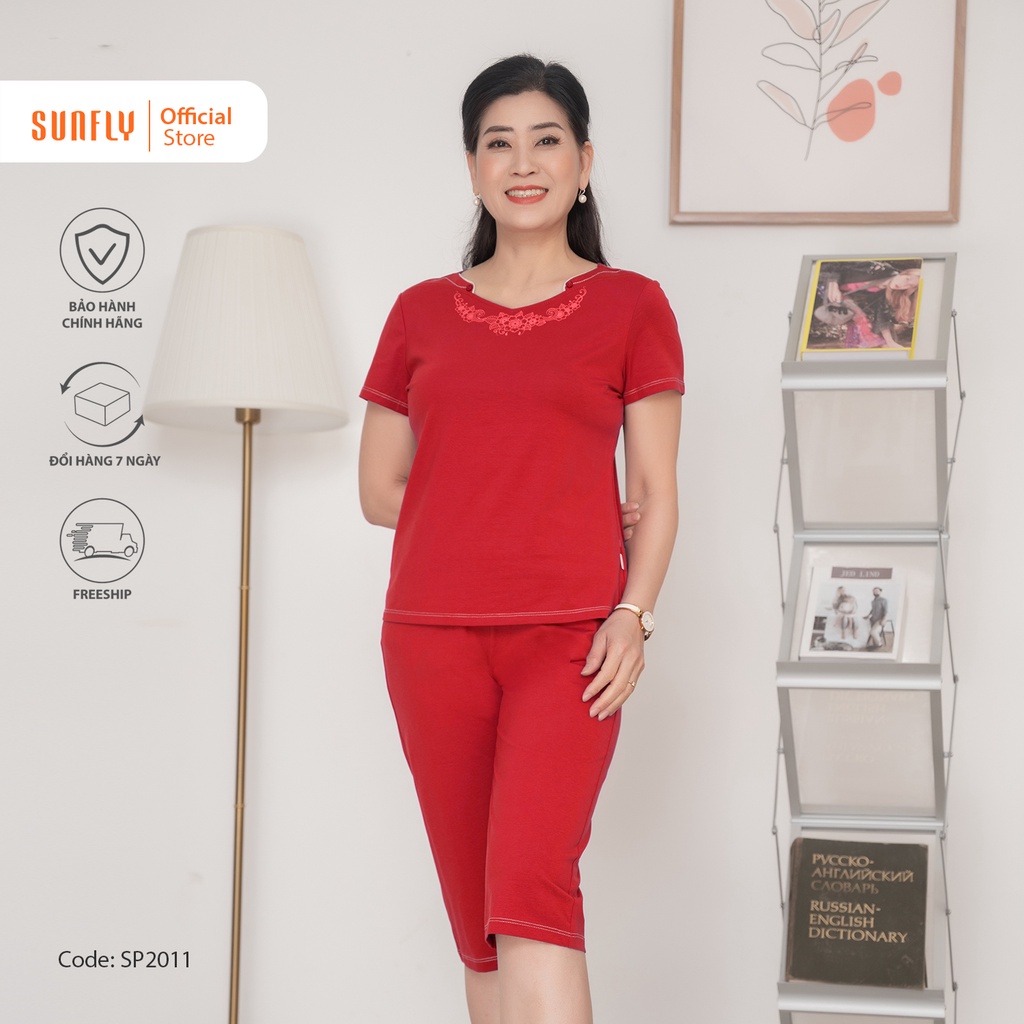 Bộ đồ mặc nhà nữ cotton SUNFLY áo cộc tay, quần ngố SP2011