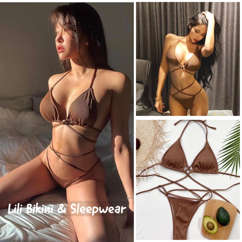 Bộ đồ bơi bikini hai mảnh Âu Mỹ quyến rũ màu Nâu Tây, Đỏ trắng da thiết kế đan dây eo siêu tôn dáng