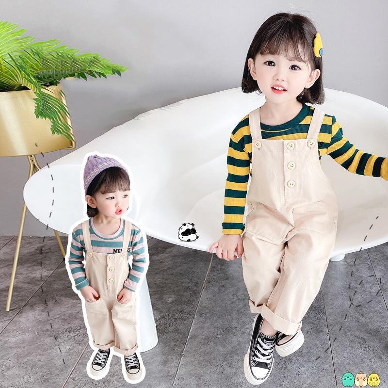 Set trang phục áo thun tay dài họa tiết kẻ sọc và quần yếm dài phong cách Hàn Quốc xinh xắn dành cho bé gái