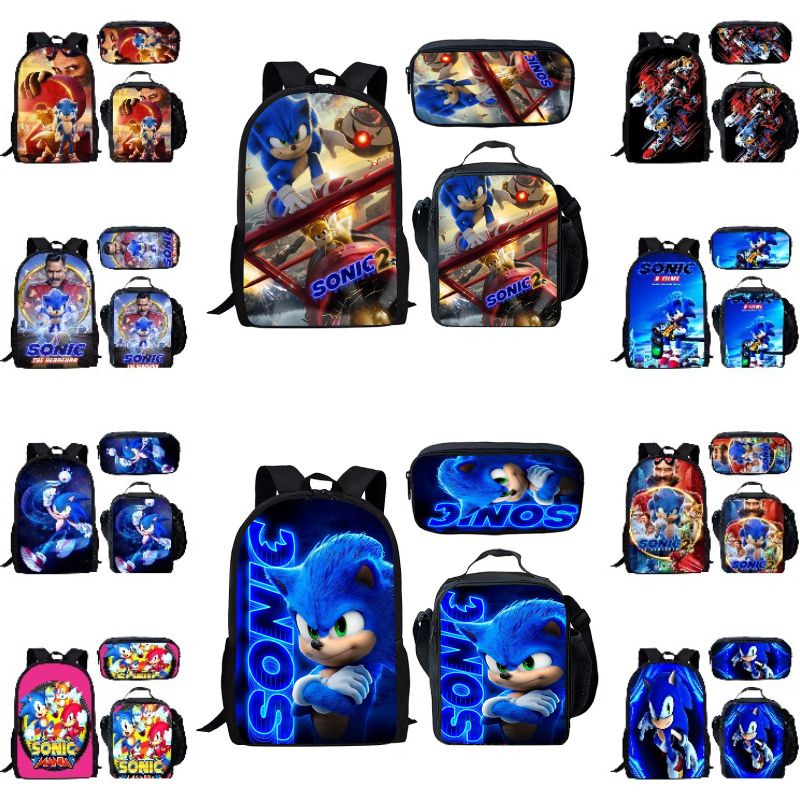 Set 3 Balo Đi Học Thoáng Khí Chống Thấm Nước In Họa Tiết Hoạt Hình Sonic Cho Bé