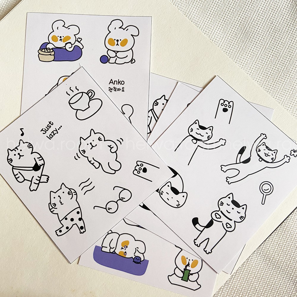 Sticker  dán hình mèo con dễ thương cùng người bạn Anko ham ngủ, ham ăn trang trí sổ tay theo phong cách Hàn Quốc