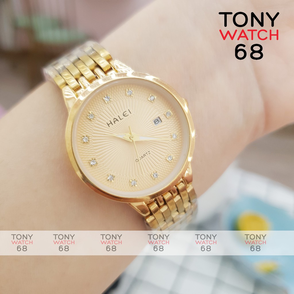 Đồng hồ nữ Halei dây kim loại mạ vàng mặt số ngọc có lịch chống nước chính hãng Tony Watch 68