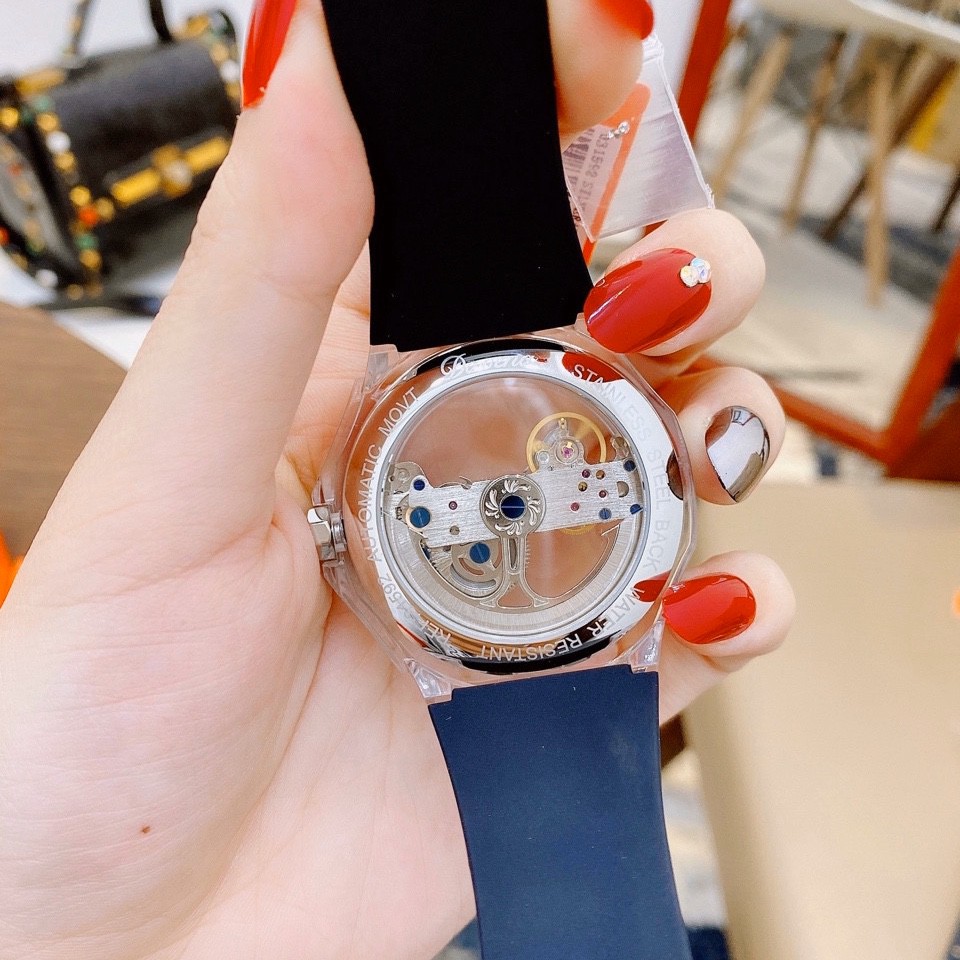 Đồng Hồ Davena Nam Automatic D31592 Mặt Lộ Máy Trong Suốt Dây Silicon Đen 42mm Silver Authentic