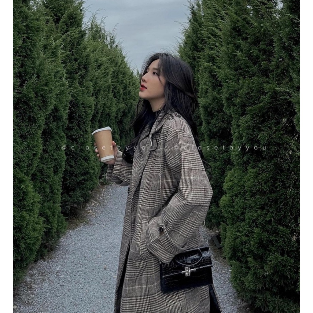 Áo măng tô nữ dạ kẻ Hàn Quốc trần bông dáng dài - EllyStore | BigBuy360 - bigbuy360.vn