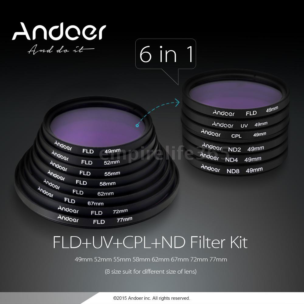Kính lọc hiệu ứng LIFE Andoer 77mm UV+CPL+FLD+ND(ND2 ND4 ND8) phân cực