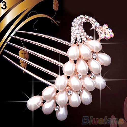 Xước cài tóc cô dâu đuôi công đính đá và ngọc trai nhân tạo sang trọng