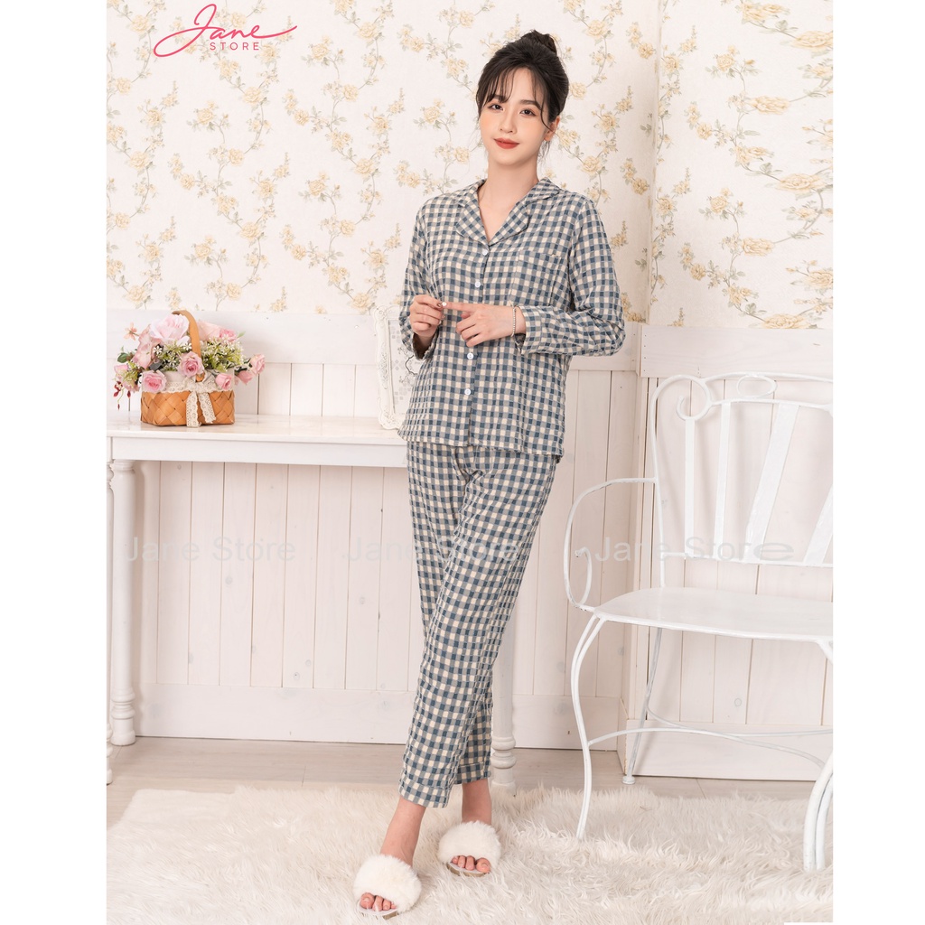Bộ Pyjama đồ mặc nhà nữ chất thô lông đũi Set đồ ngủ dài tay họa tiết kẻ caro nữ tính dễ thương mã PN10