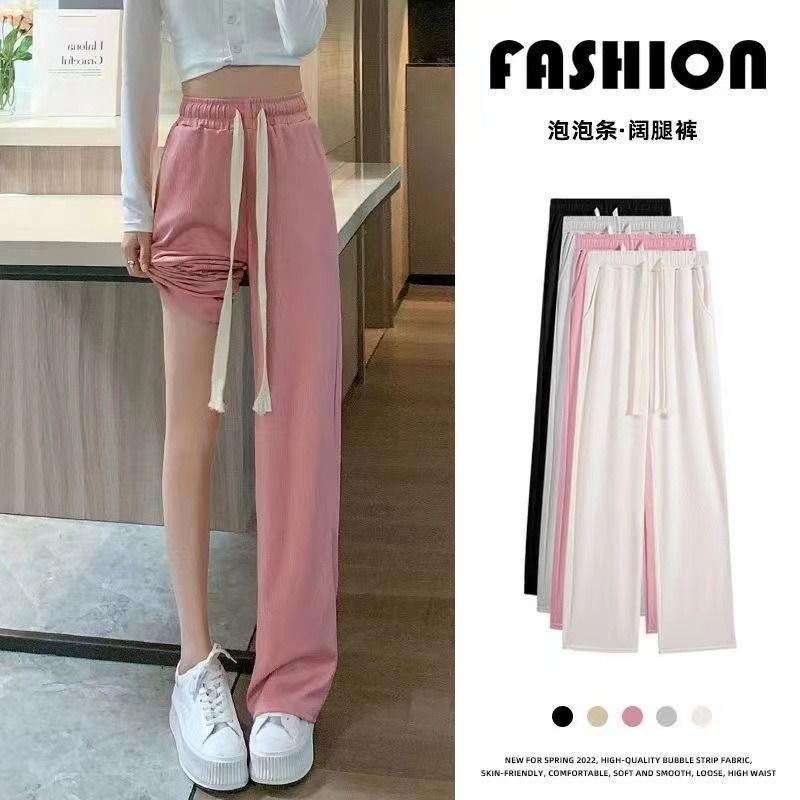 Quần Dài Thể Thao Lưng Cao Ống Rộng Màu Đen Phối Dây Rút Thời Trang Năng Động Cho Nữ
