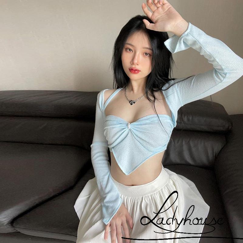 Áo Croptop Không Tay Cổ Khoét Sâu Màu Sắc Trơn Đính Ngọc Trai Giả Dành Cho Nữ