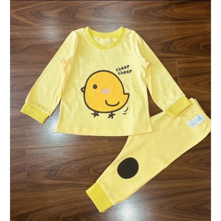 Bộ ngủ cotton mặc nhà dài tay thu đông bo gấu hình con vịt màu vàng màu xanh vải xuất Hàn cho bé trai bé gái