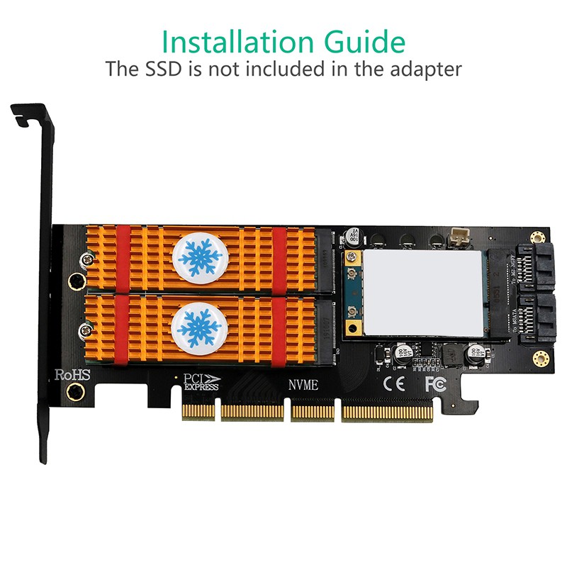 Upgrade Version 3 in 1 Msata and M.2 NGFF NVME SATA SSD to PCI-E 4X and SATA3 Adapter with Cooling Heat Heatsink Gold