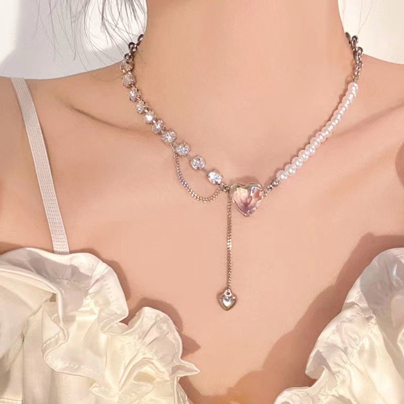 vòng cổ nữ chuỗi ngọc nhân tạo trái tim hồng đính đá phong cách Hàn Quốc