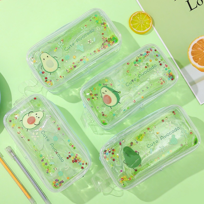Túi đựng bút nhũ trong suốt có kim tuyến chuyển động, Bóp đựng bút kèm sticker