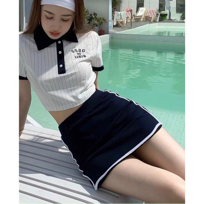 💙[ Mẫu mới] Set crop polo sọc viền cổ xanh + chân váy thể thao💥 SET VÁY 3 MÓN TRẺ TRUNG NĂNG ĐỘNG (Ms: KT01)