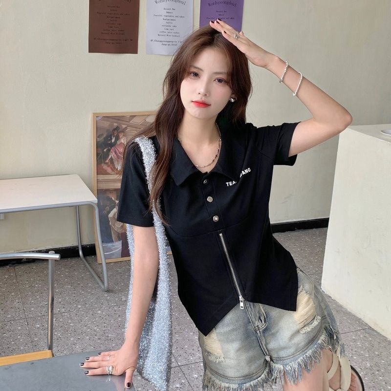 Áo Thun Tay Ngắn Thiết Kế Khóa Kéo Màu Trơn Thiết Kế Mới Thoáng Khí Cho Nữ