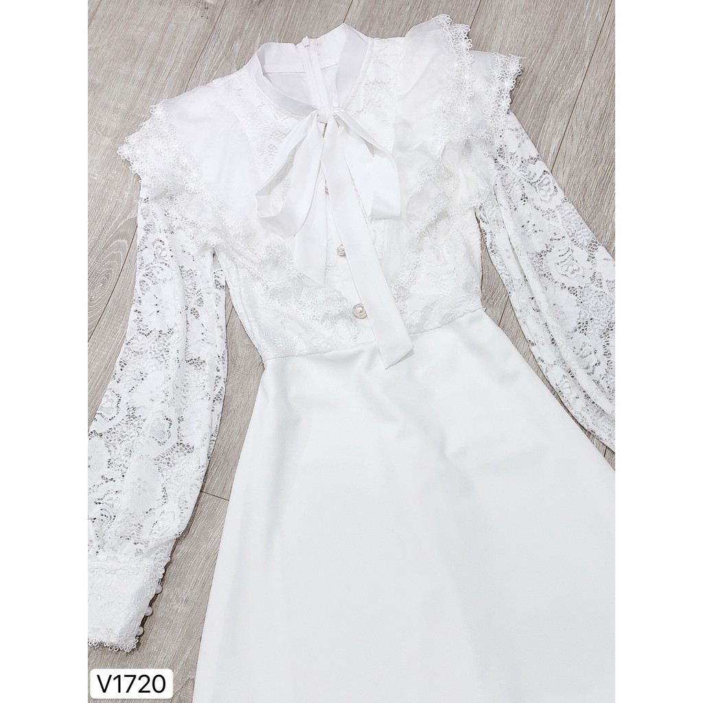 Váy trắng xòe tay ren nơ cổ V1720  - DVC Dolce Viva Colection Authentic ( Ảnh mẫu và ảnh trải sàn do shop tự chụp )