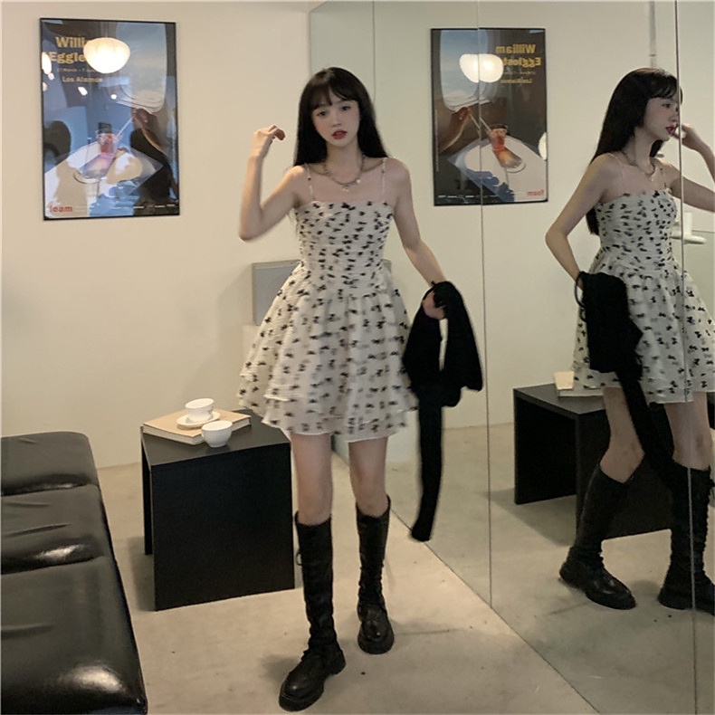 Set trang phục ZHELIHANGFEI đầm hai dây họa tiết hoa và áo khoác cardigan dệt kim dáng ngắn thời trang cho nữ