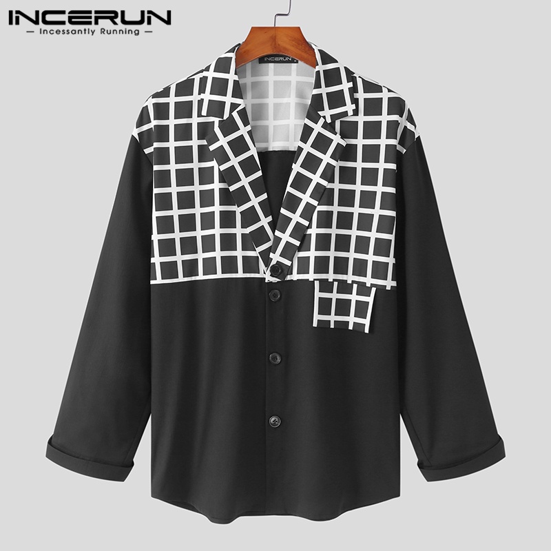 Áo khoác blazer INCERUN dài tay họa tiết sọc caro thời trang cho nam