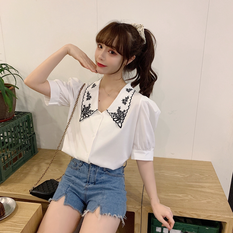 SUXI Áo tay ngắn thêu hoa phong cách vintage cho nữ