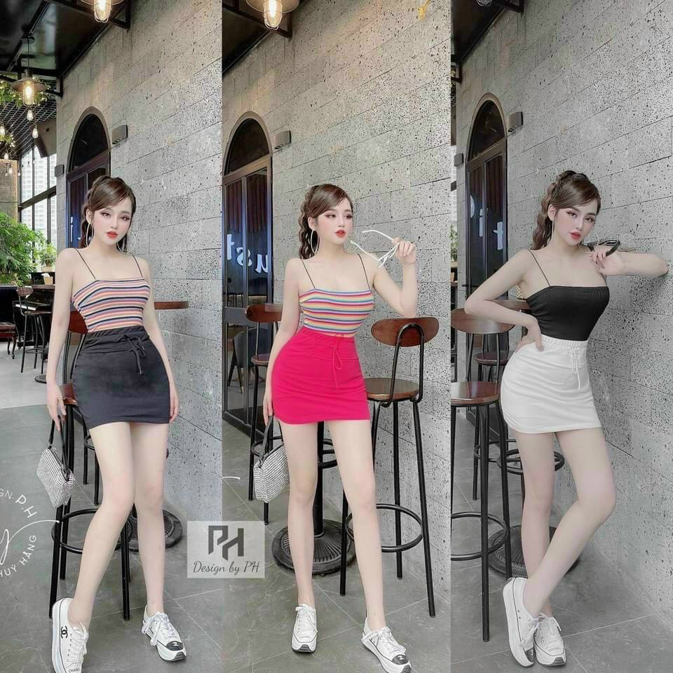 Sét bộ áo hai dây croptop sọc phối chân váy trơn cực xinh , chất thun gân mềm mịn