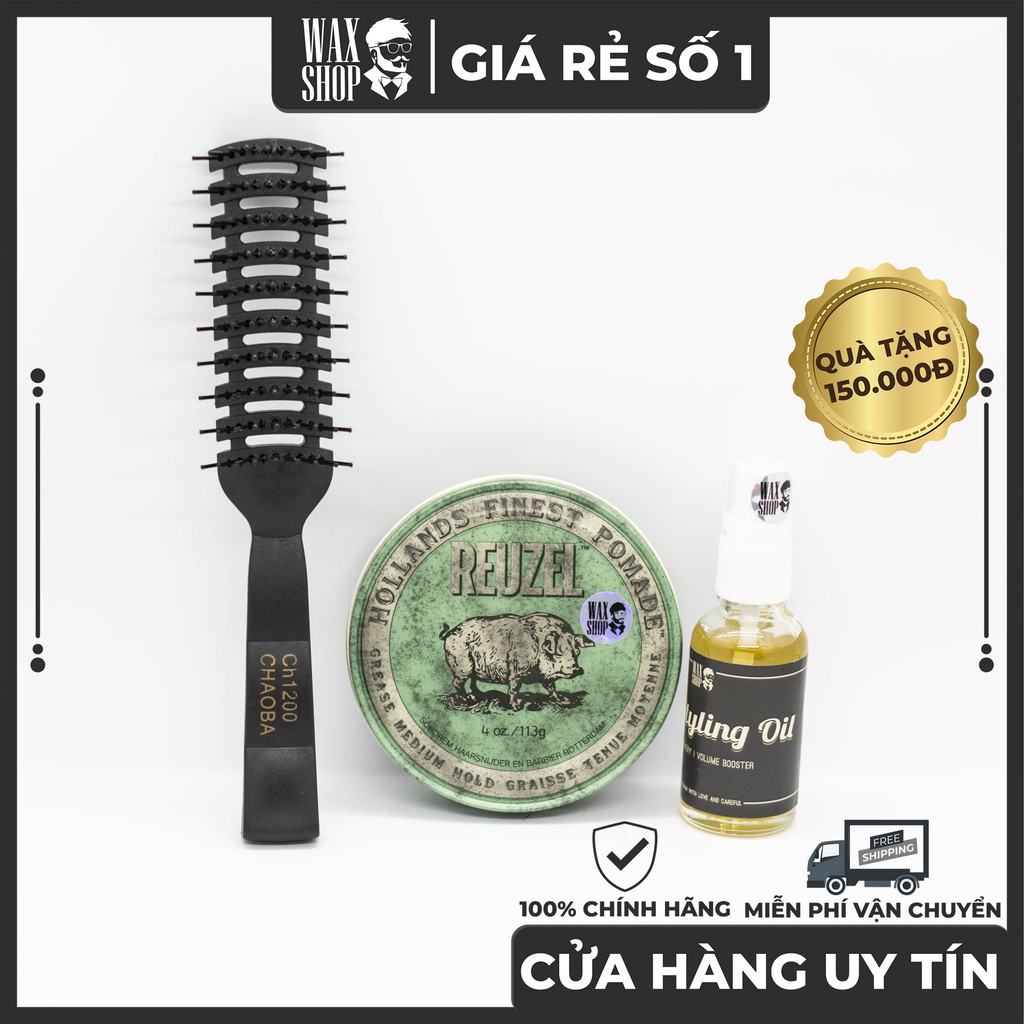 Sáp Vuốt Tóc Reuzel Green Strong Hold Water Soluble High Sheen 113g ⚡ [Chính Hãng]⚡ Tặng Kèm Pre-Styling Oil và Lược Sấy