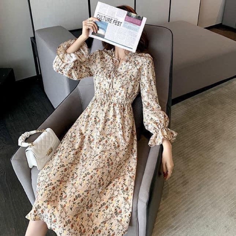 Váy hoa nhí tay dài chun eo cổ có dây buộc nơ tiểu thư | BigBuy360 - bigbuy360.vn