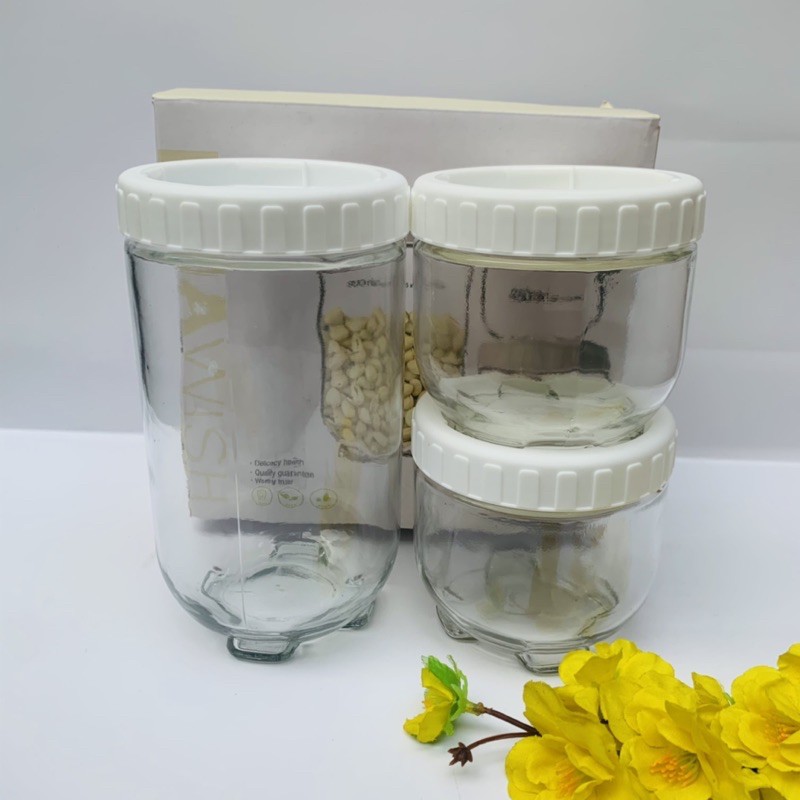 Set 3 Hũ Thủy Tinh Cao Cấp (Thuỷ Tinh) - 1 Hũ 950ml, 2 Hũ 450ml - Đựng Đồ Ăn, Gia Vị Cao Cấp