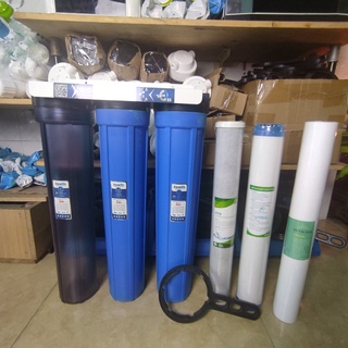 Bộ lọc nước sinh hoạt 3 cốc 20 inch ren 27 có đầy đủ giá đỡ, lõi, tay mở