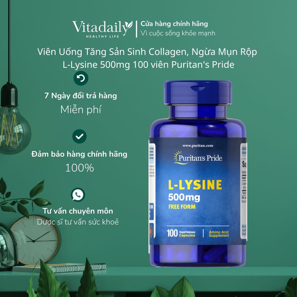Viên Uống Tăng Sản Sinh Collagen, Ngừa Mụn Rộp L-Lysine 500mg 100 viên Puritan's Pride
