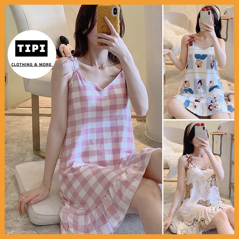 [MÃ VAY18 GIẢM 30K ĐƠN 500K] Váy, đầm ngủ hai dây thun mềm mịn có đệm ngực đuôi xếp li