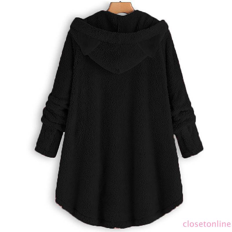 Womens Fleece Loose Jacket Hooded Cat Ear Warm Pockets Button Plus Size CL❀❀