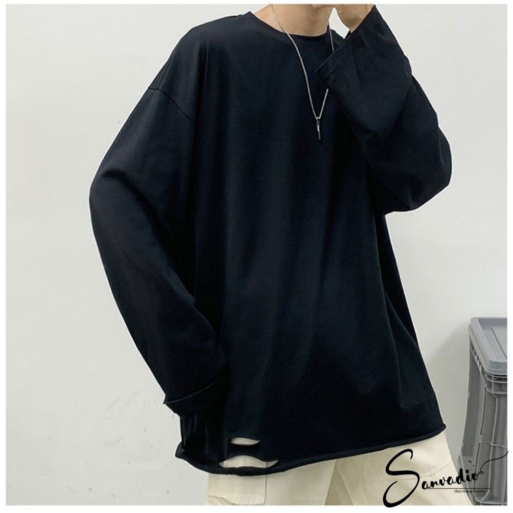 Áo Thun nam SANVADIO Áo phông dài tay from rộng unisex cá tính năng động với điểm nhấn rách gấu áo phá cách