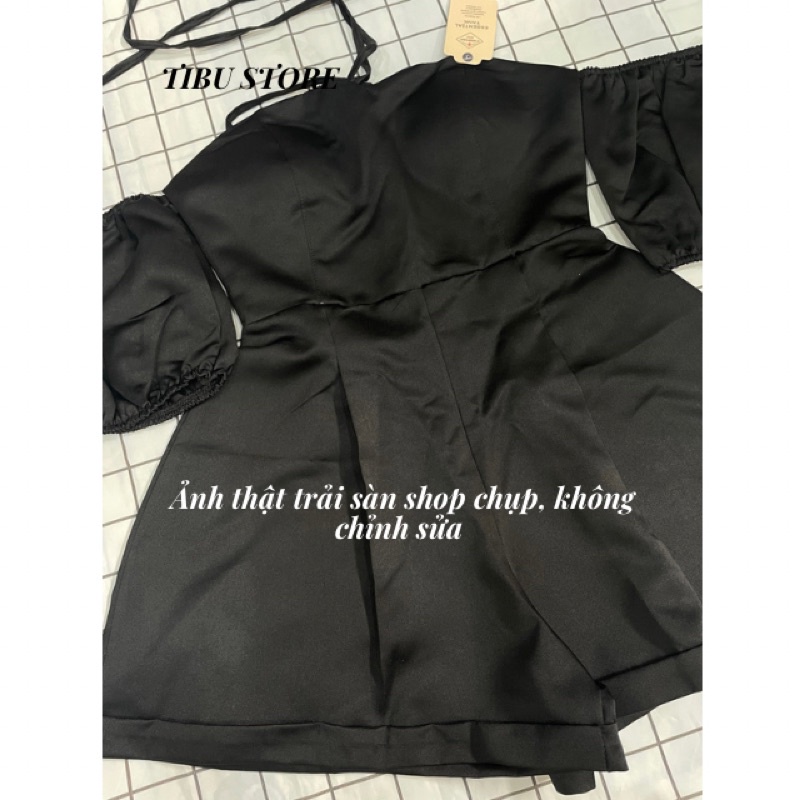 Set áo trễ vai tay phồng TIBU, Quần giả váy hở vai nữ đẹp cổ yếm dễ thương hai màu đen trắng mặc đi chơi, siêu hot trend