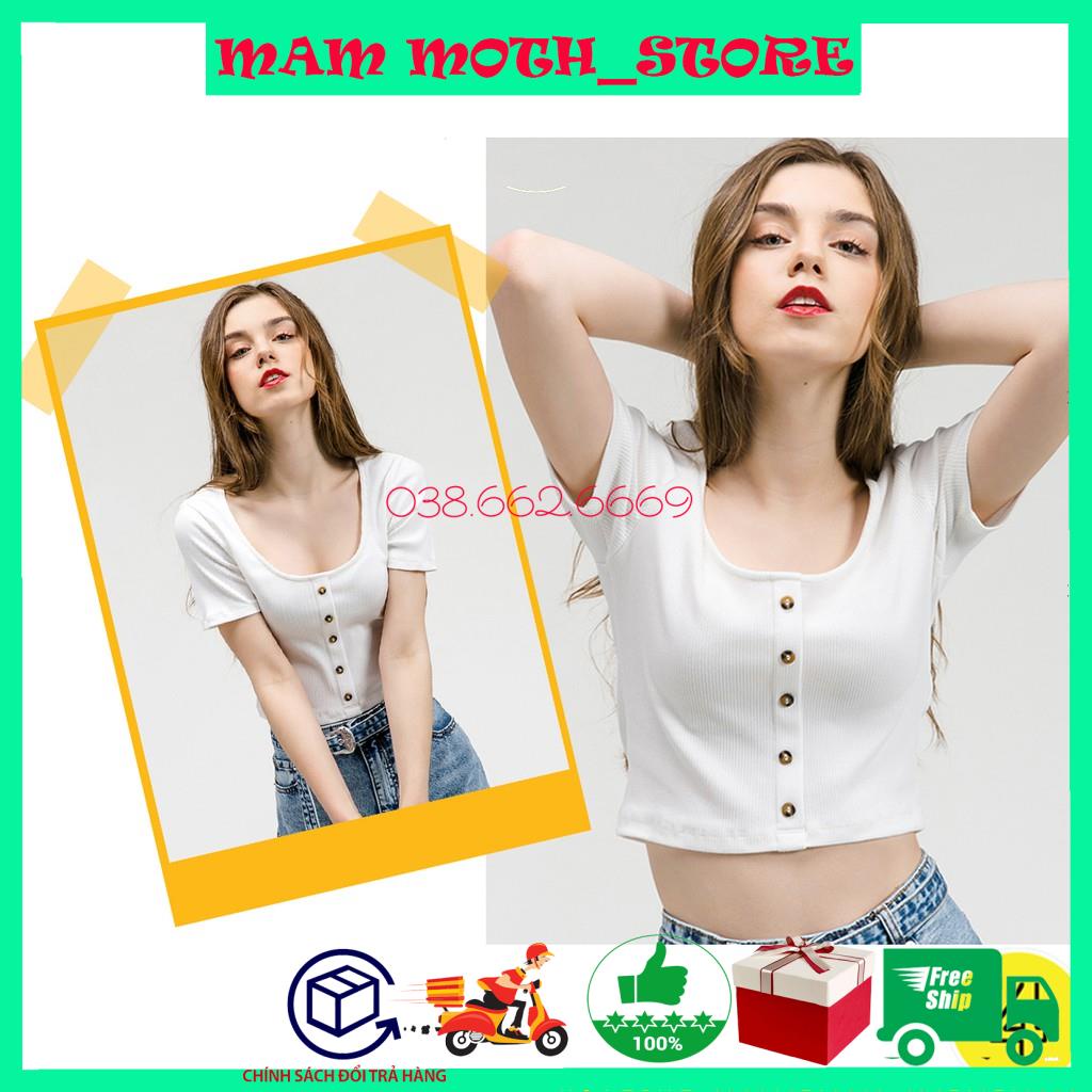 Áo croptop cộc tay MAMMOTH cổ vuông phối cúc ngực màu trơn năng động MAM MOTH_STORE