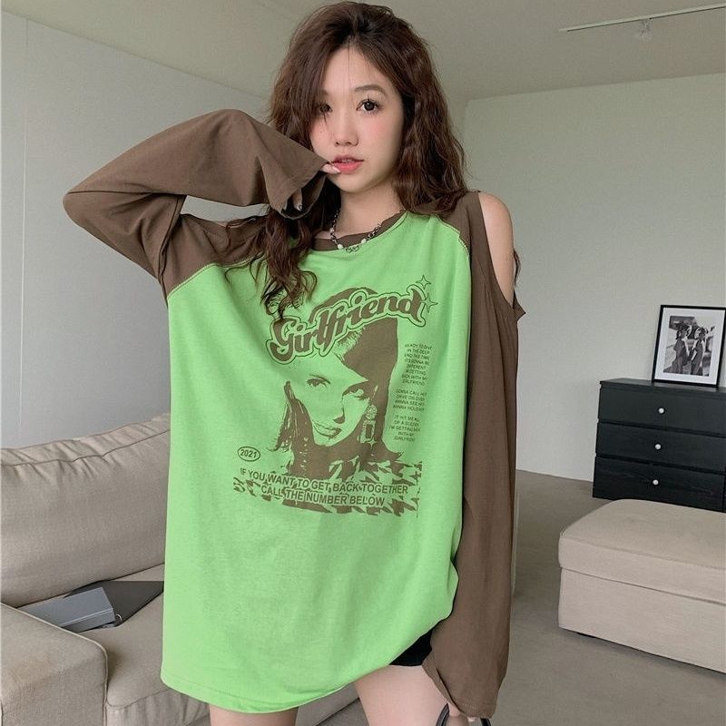 Jiashucheng Áo Thun Nữ Dài Tay Khoét Vai Thời Trang Hàn Mới