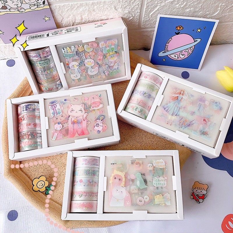 Set 5 cuộn băng keo trang trí Washi Tape kèm 8 sticker đồng bộ