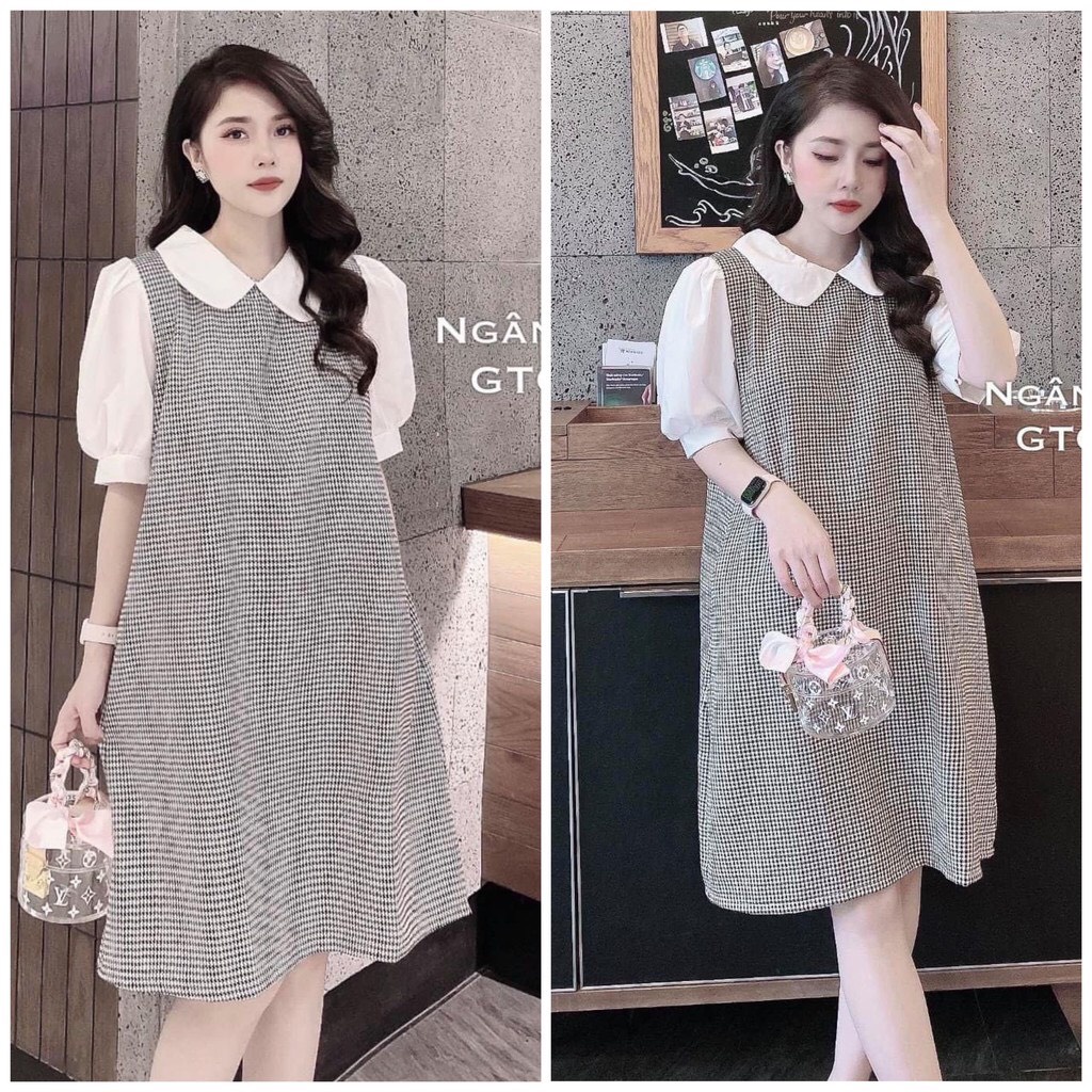 Đầm bầu Thiết kế thu đông Kẻ Cổ Sen Tay Bồng Công Sở Dáng Suông
