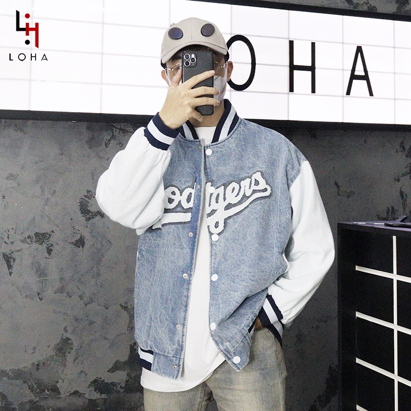 Áo khoác bomber bò màu xanh nhạt loang màu áo khoác thu đông dày dặn thời trang LOHA