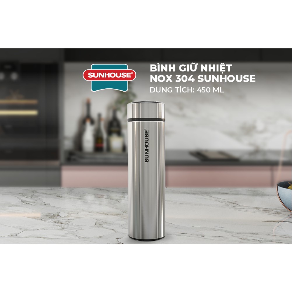 BÌNH GIỮ NHIỆT INOX 304 SUNHOUSE 450ML - kiểu dáng thon gọn trẻ trung độc đáo (BH 12 tháng)