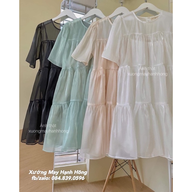 Váy babydoll Ulzzang voan 2 lớp, váy trắng cổ tròn dáng xòe